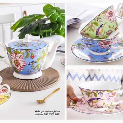 BỘ TÁCH TRÀ CHIM HOA 4 MÀU CAO CẤP